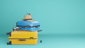 Yellow and blue suitcase with sun hat and glasses, camera on pastel background., travel concept.,3d illustration. photo