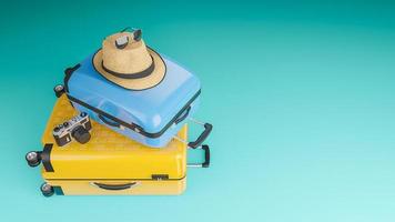 maleta amarilla y azul con sombrero para el sol y gafas, cámara sobre fondo pastel, concepto de viaje, ilustración 3d. foto