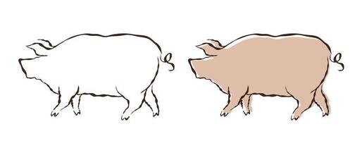 Vector set illustration of pig in hand drawing style. Vector icon for food from pork.