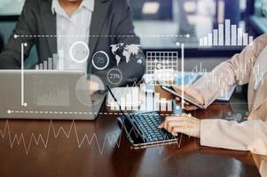 Intelligence and business analytics with key performance indicators dashboard concept. Two business colleague web designer discussing data photo