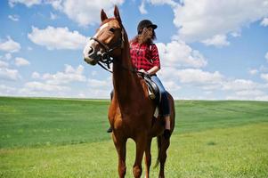 Young pretty girl riding a horse on a field at sunny day. photo