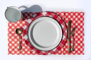 flat lay picnic table place setting of plate, cup, silverware, and checkered tablecloth