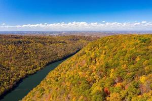 Narrow gorge of the Cheat River looking down towards the lake in West Virginia with fall colors photo