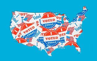 USA map outline created from many election voting stickers or badges
