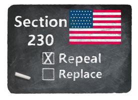 Chalkboard with Section 230 free speech law and question about repeal or replace photo