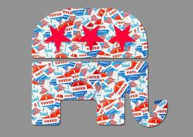 contorno del logotipo de elefante creado a partir de muchas pegatinas o insignias de votación electoral para el partido republicano foto