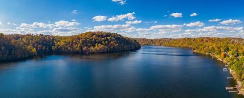 Aerial panorama of fall colors on Cheat Lake Morgantown, WV with I68 bridge