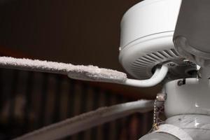 Dust collected along the front edge of the fan blade on ceiling photo