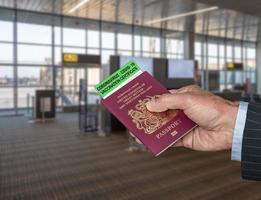 Concept of Covid-19 immune certificate and UK passport to show vaccination for virus at airport photo
