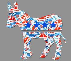 contorno del logotipo de burro creado a partir de muchas pegatinas o insignias de votación electoral para el partido estadounidense foto