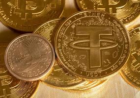 Tether coin concept used as a way of trading in Bitcoin and other alt coins with one dollar coin photo