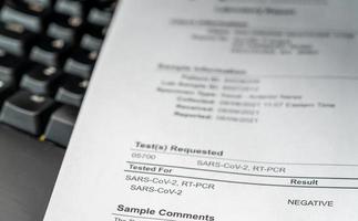 Printout showing result of PCR test for Covid-19 as negative photo