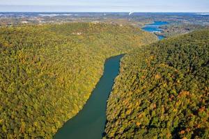 Narrow gorge of the Cheat River looking down towards the lake in West Virginia with fall colors photo