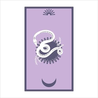 Tarot cards with sun and snakes isolated on a white background. Celestial magic for occult and divination. Purple minimalism cards. Serpent with moon. Flat vector illustration