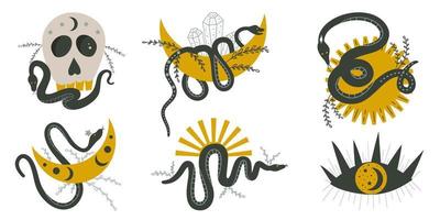Mystic set celestial occult with snake, sun, moon and scull isolated. Celestial boho astrology. Magical illustration for witchcraft and the occult. Flat vector illustration.