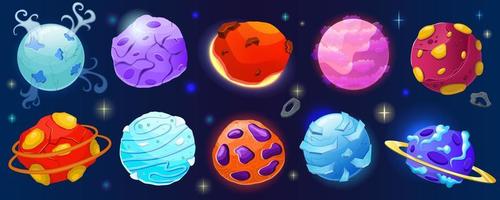 Cartoon spase planet clipart icon set with ice, fire and rock. Magic set planet with crater and rings. Cartoon vector illustration pack. Ui play design for cosmos game