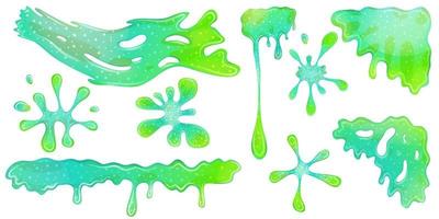 Dripping green goo slimes isolated in set. Slimes are corner and splash, flow of muscus. Green colorful jelly for playing. Cartoon vector illustration.