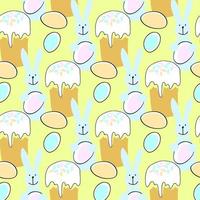 Seamless pattern with Easter illustration with bunny, Easter cake and egg on yellow background vector