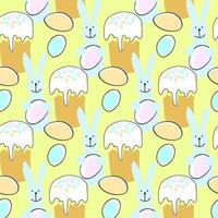 Seamless pattern with Easter illustration with bunny, Easter cake and egg on yellow background vector