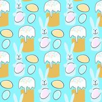 Seamless pattern with Easter illustration with bunny, Easter cake and egg on blue background vector