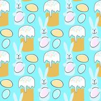 Seamless pattern with Easter illustration with bunny, Easter cake and egg on blue background vector