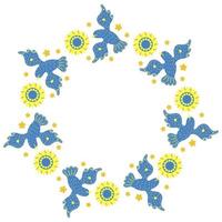 Round frame with blue birds dove and yellow flowers sunflower. napkin in yellow and blue colors, of Ukrainian flag. Vector illustration.