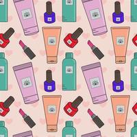 Vector seamless pattern of cosmetics.Creams,lipstick, nail polish, face masks. Cosmetics store, beauty salon, postcard design,prints made of wrapping paper and packaging.Sketch a fashionable banner