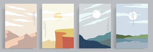 4set of vector illustrations landscapes. Abstract flat minimalist design landscape. Nature of mountains, valleys, lakes and ravines. Colorful aesthetic background in retro or vintage style.