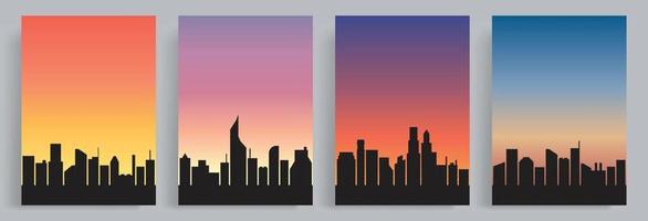 silueta de la ciudad con un hermoso fondo de puesta de sol en 4 colores diferentes. ilustración de torres y rascacielos urbanos modernos. adecuado para volantes, portada de libros, decoración, publicación en medios sociales. vector