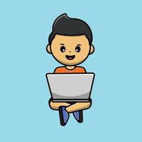 Boy Working On Laptop Cartoon Vector Icon Illustration. People Bussines Icon Concept Isolated Premium Vector.