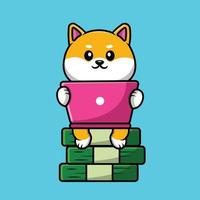Cute Shiba Inu Dog Working On Laptop Cartoon Vector Icon Illustration. Animal Business Icon Concept Isolated Premium Vector