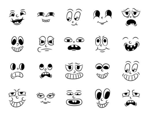 Collection of old retro traditional cartoon animation. Vintage faces of people with different emotions of the 20s 30s. Emoji character expressions 50s 60s. Head faces design elements in comic style
