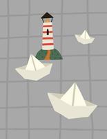 Paper boats and light house vector