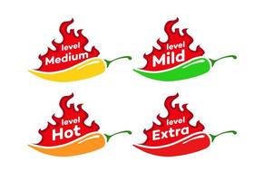 Spicy chilli level vector label set - mild, medium, hot, extra