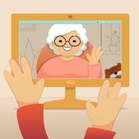 A grandmother with a cat talks to her family via video communication via a computer vector illustration