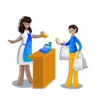 A customer pays wirelessly with a smartphone at a supermarket checkout. Cashier accepts payment. Vector flat design illustration isolated on white background.