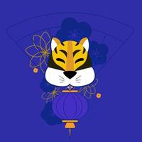 Tiger poster with Chinese lantern and flowers vector illustration on color background