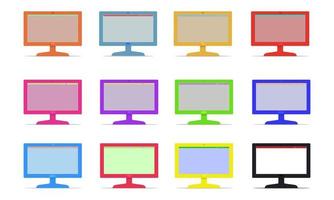 Vector set of modern monoblock desktop computers with blank screen isolated on transparent background