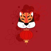 Poster tiger with Chinese lantern and flowers vector illustration on color background