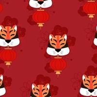 Pattern tiger with Chinese lantern and flowers vector illustration on color background