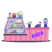 A windfall of sweets.Confectionery store, a counter with a cash register. Vector illustration
