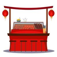 Asian food counter. Outdoor restaurant with fried fish, crab, shrimp, noodles. Vector isolated illustration.