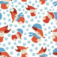 Vector pattern with fox in hats and scarves among trails. Seamless pattern for fabric, wallpaper