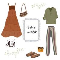Set of cute boho clothes in Scandinavian style. Cartoon doodle dress, T-shirt and pants, bag, accessories Vector illustration