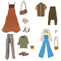 Scandinavian style boho clothing set. Men's and women's clothing. Vector illustration