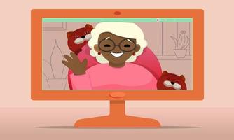 ilustración de computadora vectorial de una abuela negra feliz con gatos en videollamada vector