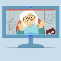 Vector computer illustration of an Asian grandmother on a video call with cat