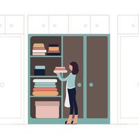 A woman puts her clothes away in a closet. Flat vector illustration