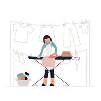 Woman ironing clothes with iron. Flat vector illustration.