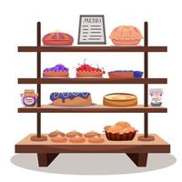 Counter with bakery. Cartoon rack with pies, cakes, buns and jams on white background vector